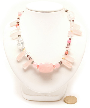 Rose Quartz Peasant Necklace.Warm Rose Quartz + Multi-Coloured Assorted Beads, 18in. Reiki Charged