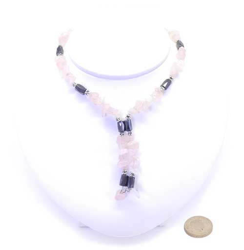 Rose Quartz and Hematite Magnetic Open Wrap Necklace 35in. Open-ended Magnetic Fastening. Reiki Charged
