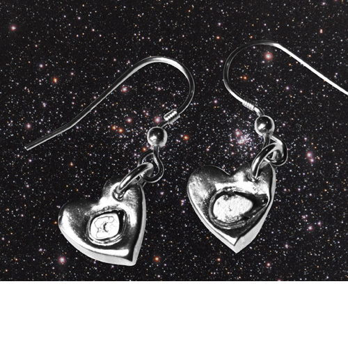 Silver Heart Earrings with Iron Meteorite Fragments. Boxed with Certificate